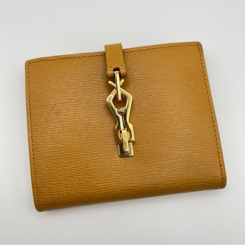 Vintage GUCCI Jackie Bifold Wallet Purse Grained Leather Yellow Gold Authentic